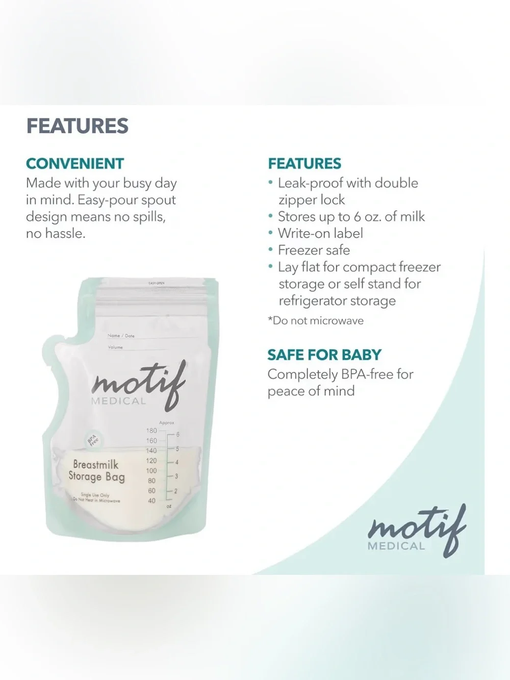 Motif Medical Mint Green Breastmilk Storage Bags - Leak-Proof, BPA-Free